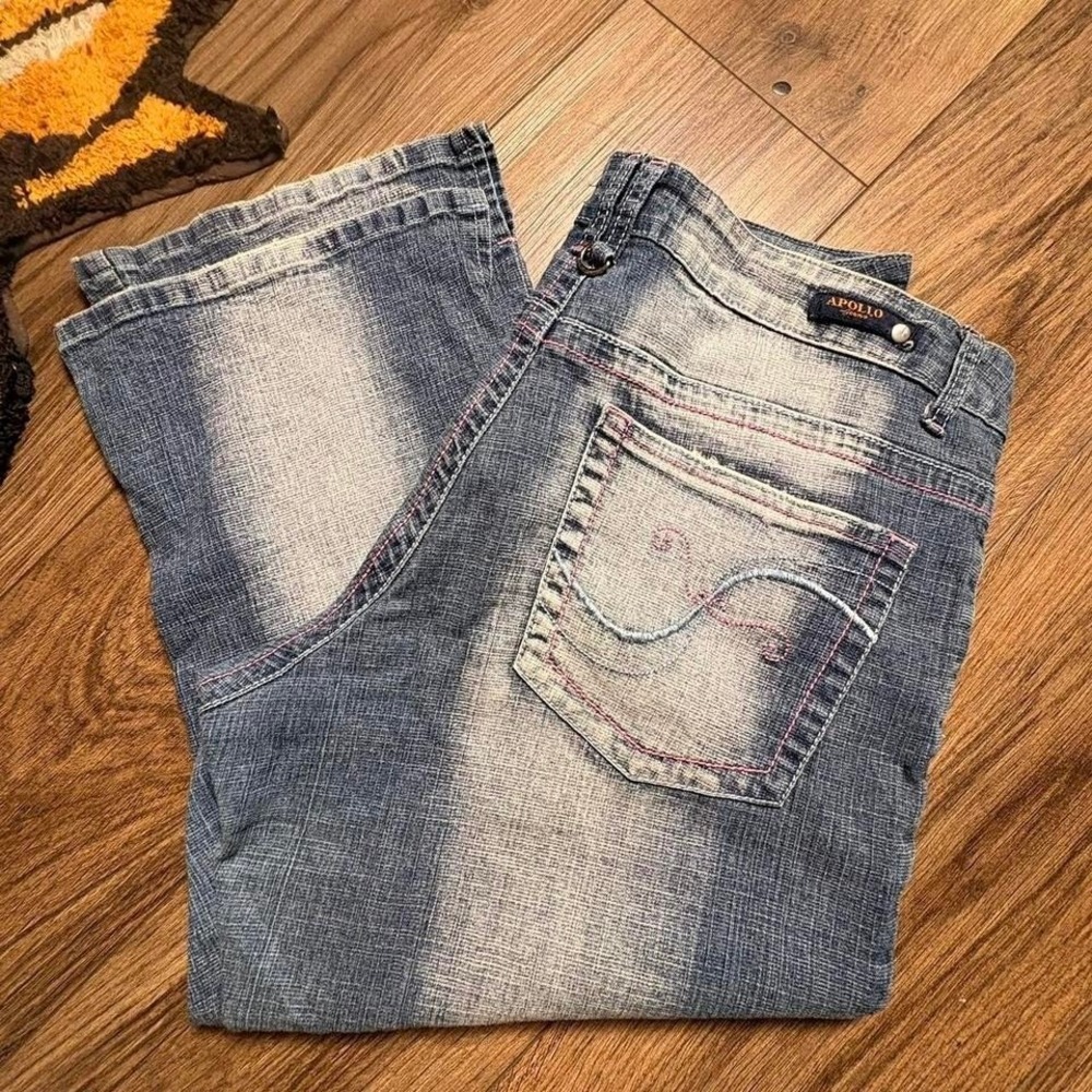 Y2K Apollo blue faded capris with pink and blue fairy stitching (0181)